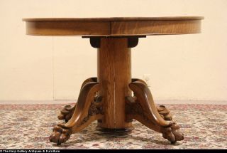Clawfoot Round Oak 1900 Antique Dining Table 2 Leaves