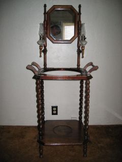 Vintage Antique Wood Wash Stand Mirror Candle Oil Lamp Holders Chair