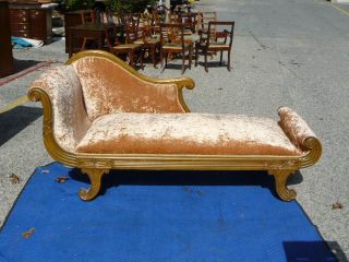 Antique Art Deco Nouveau Style Oak Chaise Lounge Crushed Velvet Upholstery