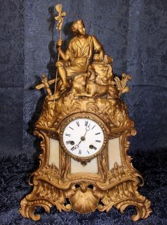 French 1800s Gentleman Shepherd Dog Silk Thread Antique Clock 