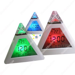 Abcfashionstore 7 LED Color Pyramid Digital LCD Alarm Clock Thermometer CL 0143