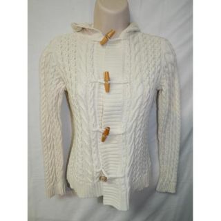 Womens Lauren by Ralph Lauren Ivory Cable Knit Hooded Sweater Wood Button P P VG