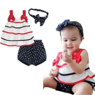 3pcs Baby Girls Toddler Layer Tier Top Dress Headband Pants Shorts Outfits 0 24M