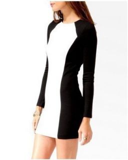 New Black White Elegant Women Long Sleeve Slim Cut Block Stretch Dress D39