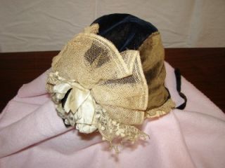 1800's Antique Childs Baby Velvet Hat Blue Brown Lace Ruffled Edge