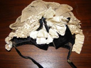 1800's Antique Childs Baby Velvet Hat Blue Brown Lace Ruffled Edge