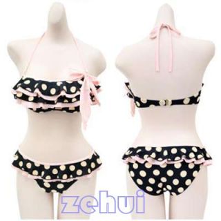 2 Pieces Bikini Swimsuit Padded Halter Pink Polka Dot Swimwear Ruffle Monokini