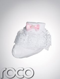 Baby Girls White Frilly Socks Pink Bow Infant Youth Designer Dress Socks