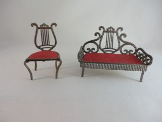 Victorian Parlor Settee and Chair Miniature Antique Metal Vintage 1900'S