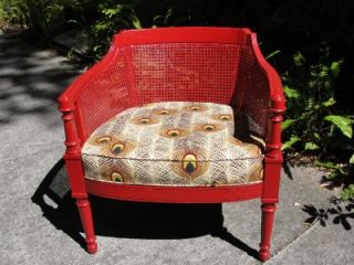 Vintage Cane Barrel Side Red Chair Peacock Fabric Design Seat