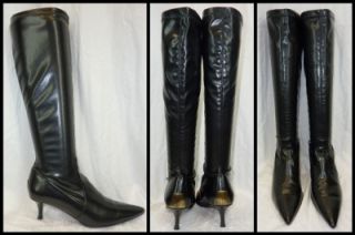 New Donald J Pliner Black Stretch Leather Boots w Logo Metal Heel 7 B $425