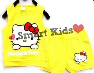 Hello Kitty Girls Outfit Yellow Shorts Tshirt Leisure Suit Set Baby Neon Top UK