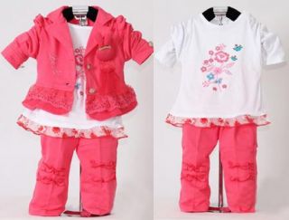 3pcs Baby Girls Kids Pink Clothes Coat T Shirt Pants Child Outfit Clothing