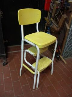 Vintage Kitchen Cosco Yellow Metal Step Stool Chair w Fold Up Steps Mid Century