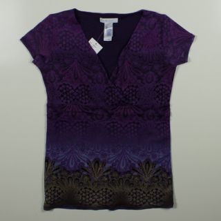 Womens Lizwear Mesh Print Cap Sleeve Split VNeck Top Size XL Purple Combo