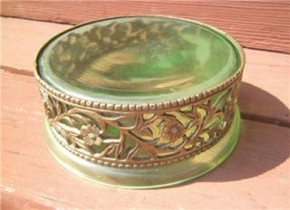 Green Glass Change Dish Centerpiece Bowl Brass Floral Design
