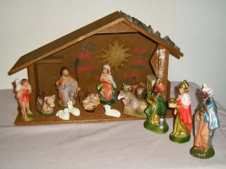 Vintage Christmas Musical Silent Night Nativity Set Stable 13 Papermache Figures