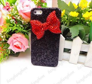 BC13 Bling Rhinestone 3D Red Bow Case for iPhone 5 5th Black Shiny Cover