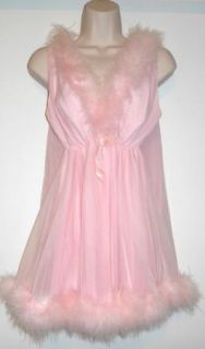 Vtg Figurettes Sissy Pink Nylon Marabou Baby Doll Nightgown Panty Set Large