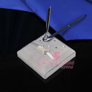 New Gray Satin Wedding Guest Book and Silver Pen Set Pearls Ribbon Guest Book
