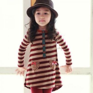 Girl Kids Stripe Long Sleeve Top Dress Bowknot Leggings 2pcs Sets Outfit Sz 2 7Y