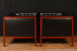 Pair Art Deco Box Club Chairs Arm Chairs Button Leather