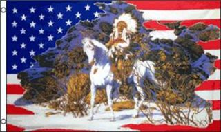 Auction American Flag with Indian Chief on Horse 3 x 5 Flags FL116 New USA