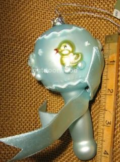 Cannon Falls Blown Glass Blue Baby Boy Rattle with Bears Ducks Ornament New