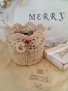 Ivory Crochet Lace Basket Twine Tag Rose for Candles Flowers Decor Gift 4 5"Tall