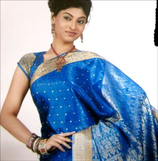 Indian Desinger Partywear Jacquard Silk Sarees Bridal Blue Wedding Dress Saree