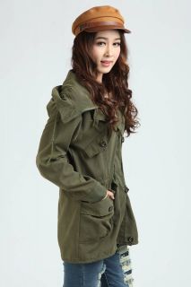 New Women Casual Hoodie Drawstring Army Green Jacket Military Hooded Trench Coat