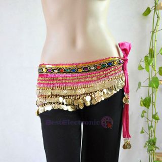 Bright Beautiful Rhinestone Velvet Belly Dance Hip Scarf Wrap with Gold Coins