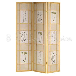 Folding Screen Panels Divider Frame Flower Floral Print Wood Shoji Room Natural