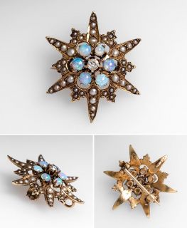 Antique Star Brooch Pin Pendant w Diamond Opals Pearls Solid 14k Gold Jewelry