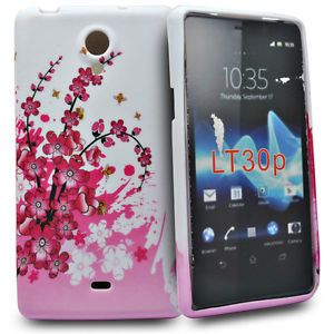 White 'Pink Floral' Design Silicone Case Cover for Sony Xperia T LT30P