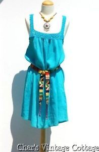 ♥ Mexican Summer Beach Dress ♥ Hippie Indian Cotton Gauze Vtg w Crochet Trim