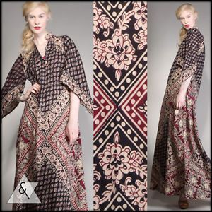 Vintage India Print Gauze Maxi Dress Vtg 70s Boho Caftan Ethnic Dashiki Indian
