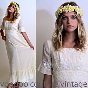Vtg 70s Sheer Cream Gauze Lace Boho Hippie Garden Maxi Wedding Dress