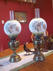 Matching Pair Antique Brass Duplex Oil Lamps England Flowered Globes