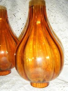 2 Vintage Blown Amber Art Glass Melon Swirl Lantern Lamp Chimney Globes Shades