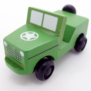 Green White Hand Made Wooden Mini Military Vehicle Soldier Car Baby Kids Toy 082