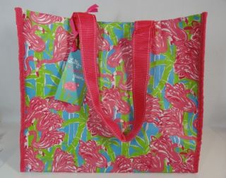 Lilly Pulitzer Market Bag "Fan Dance" Pink Flamingo Green Recyclable Eco Tote NW
