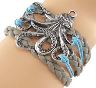 Personality Antique Infinity Power Animal Octopus Charm Leather Wrap Bracelet