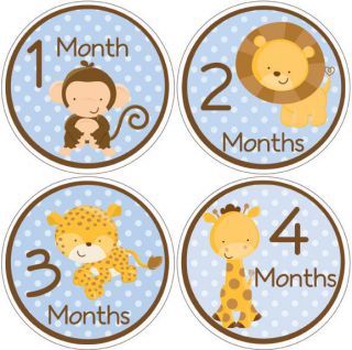 Baby Month Milestone Blue Boy 1 12 Monthly Bodysuit Stickers 31 Safari Animals