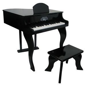 New Black Childs Wood Toy Grand Piano with Bench Kids Piano 30 Key
