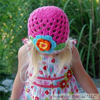 BonEful RTS New Boutique Crochet Knit Pink Color Flower Holiday Girl Spring Hat