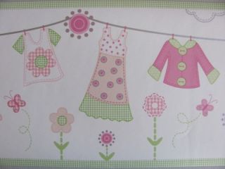 Clothes Line Gingham Pink Butterflies Flower Fashion Girls Nursery Wall Border