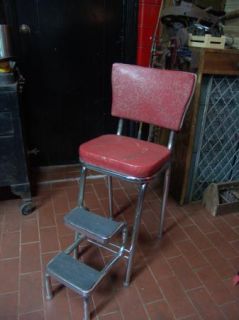 Vintage Mid Century Red Step Stool Chair with Fold Up Steps for Kitchen or Shop