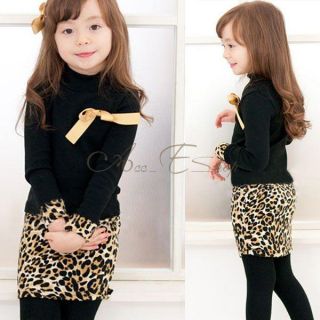 Girl Kids Black Leopard Long Sleeve Bow Party One Piece Top Dress Ages 2 6 Years