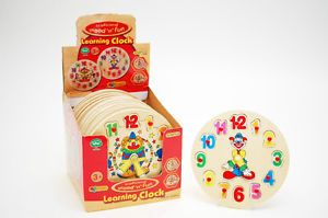 Childrens Kids Clown Wooden Learning Clock Puzzle Toy Jigsaw Tell The Time 20cm